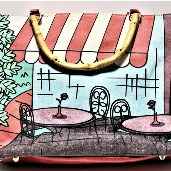 Cafe Print Multi Color Tote Sequence/Wood Handles - Picture 2 of 7